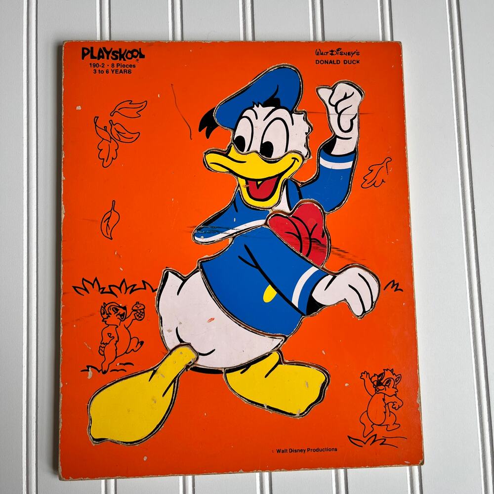 Vintage Playskool Walt Disney Donald Duck Wooden Tray Puzzle 190-2 Complete